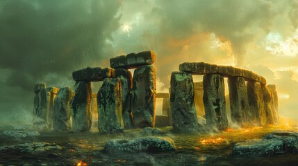 Mysterious Stonehenge stands in quiet reverence, its ancient stone shrouded in mystery and intrigue, symbolizing humanity's connection to the universe.