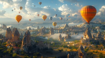 Bright yellow sunrise with colourful balloons floating just in Cappodocia. - obrazy, fototapety, plakaty