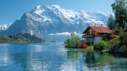 Fototapeta na wymiar A idyllic beauty of an Alpine village in Switzerland It is nestled among snow-capped peaks and crystal-clear lakes. It's like something straight out of a postcard.