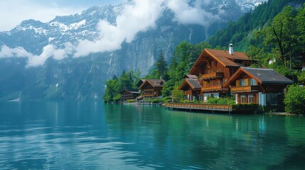 Fototapeta na wymiar A idyllic beauty of an Alpine village in Switzerland It is nestled among snow-capped peaks and crystal-clear lakes. It's like something straight out of a postcard.