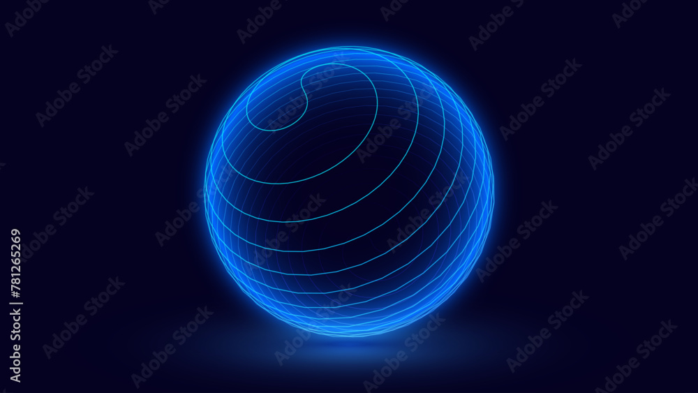 Poster Abstract 3D Spheres of Neon Dots and Stripes. Hi-Tech Orb HUD Design Element. Global Network Connection. Abstract Globe Grid. Science and Technology Vector Illustration.
