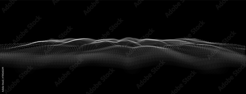 Poster Abstract Digital Wireframe Landscape Wire Lines. 3D Topographic Map Background Concept. Geography Concept. Wavy Lines Backdrop. Space Surface HUD Design Element. Vector Illustration.