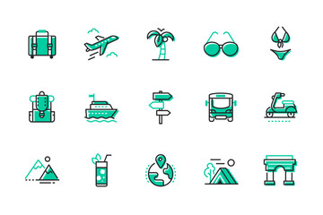 Travel and leisure - set of line design style icons isolated on white background. Quality images of suitcase, airplane, palm tree, sunglasses, swimsuit, cruise ship, camping, mountains and transport - obrazy, fototapety, plakaty