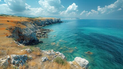 Rugged coastline stretches far into the distance. Where the blue waters meet the horizon is a seamless blend of earth and sky. - obrazy, fototapety, plakaty
