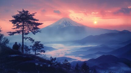Serene beauty of Japan's Mount Fuji, with its perfect cone shape, towers over the surrounding landscape. - obrazy, fototapety, plakaty