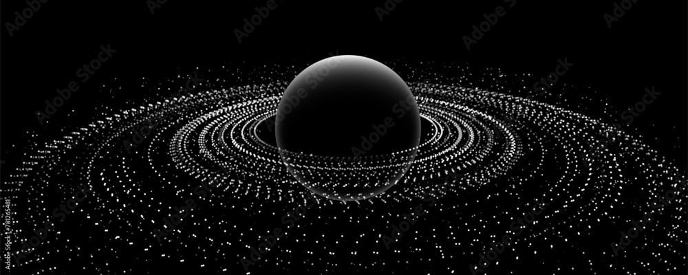 Poster black stylized saturn planet with rings. black hole background. universe and starry concept. gravity