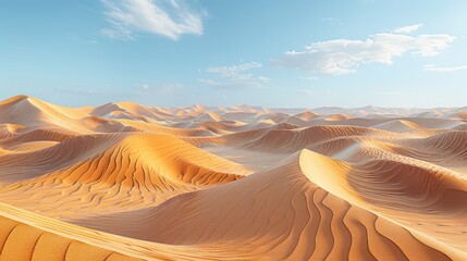 Surreal beauty of the Sahara Desert stretches out endlessly. The golden sand dunes change with the desert wind like waves in an ocean of sand. - obrazy, fototapety, plakaty