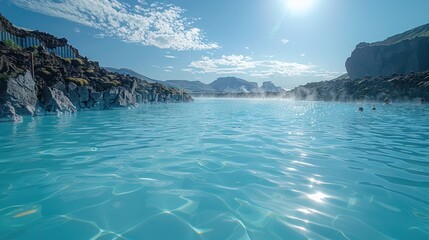 Surreal landscape of the Blue Lagoon in Iceland, blue water among volcanic rocks and geothermal pools.