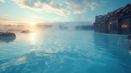 Surreal landscape of the Blue Lagoon in Iceland, blue water among volcanic rocks and geothermal pools.