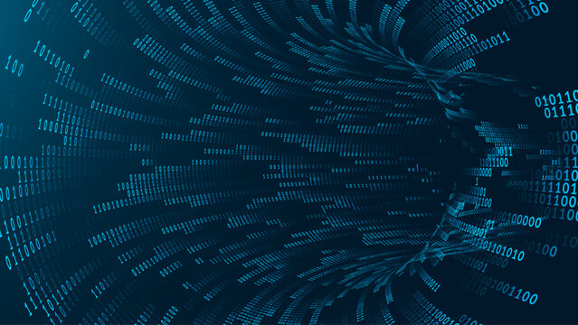 Blue Matrix Digital Wormhole. Matrix Binary Numbers Tunnel Hole. 3D Funnel Digital Grid. Hi Tech Texture. Technology or Science Vector Illustration.