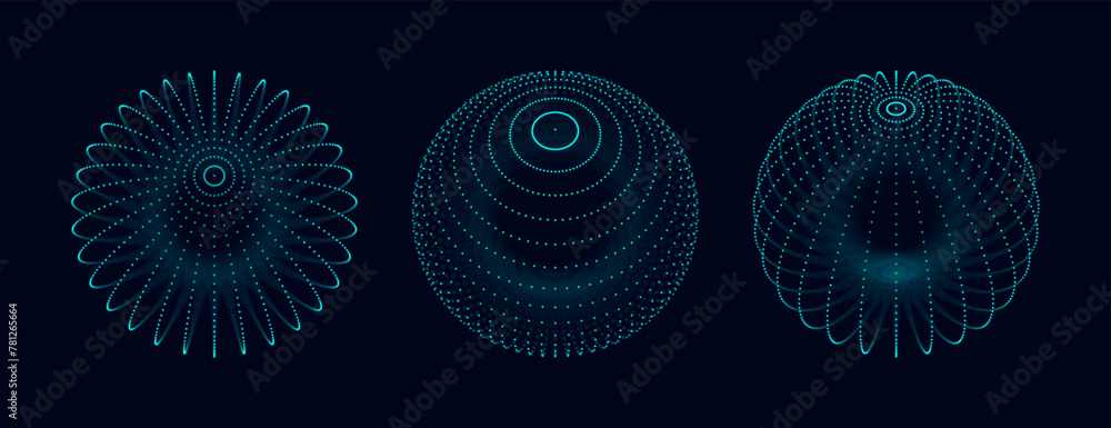 Poster Spheres of Dots Blur Depth of Field Effect DOF. Global Digital Connections. Abstract Particles 3d Grid Design. Vector Future High Technology HUD Illustration. Big Data Array of Dots.
