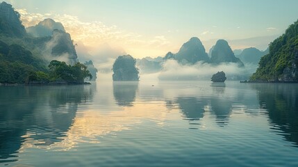 Serene beauty of Halong Bay's limestone mountains rising from the emerald waters. - obrazy, fototapety, plakaty