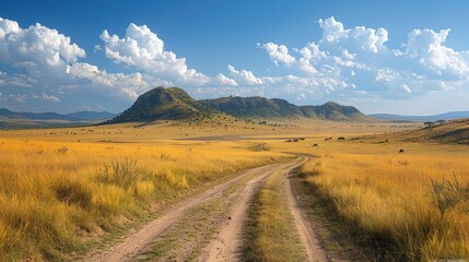 Obraz premium Vast Serengeti plains stretch to the horizon. A timeless landscape where lions roam and wildebeest begin their annual migration.