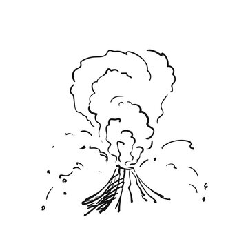 Volcanic eruption hand drawn illustration, Vector simple sketch of an active stratovolcano belching out a huge plume of smoke