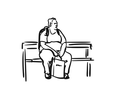Overweight man sitting on a bench and holding a shopping bag, Hand Drawn illustration, Vector sketch of waiting people