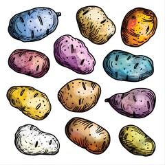 Potatoes set on white background, color graphical illustration generated with AI.Vegetables	
