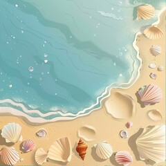 Sand and sea shells around , summer vacation wallpaper design, beach . Illlustation generated with AI	