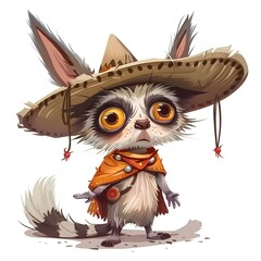 Raccoon in mexican dressing standing on white background, color cartoon illustration generated with AI