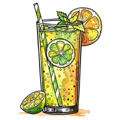 Graphical illustration generated with AI, lemonade cocktail with ice balls on white background, summer fizzy drink	