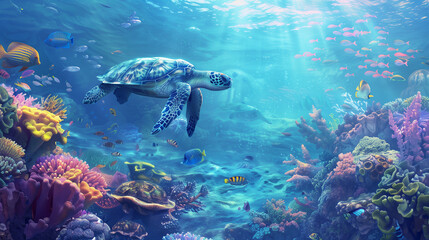Naklejka na ściany i meble Turtles swim past colorful coral reefs with many fish swimming around. The scene is lively and lively. The turtle is the main focus of the image.