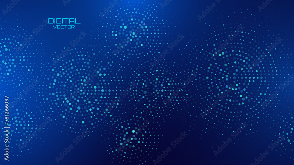 Fototapete Abstract Digital Technology Halftone Circles Pattern. Hexagon Particles Digital Ripple Effect. Hi Tech Science Presentation Background. Vector Illustration.