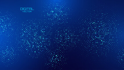 Obraz premium Abstract Digital Technology Halftone Circles Pattern. Hexagon Particles Digital Ripple Effect. Hi Tech Science Presentation Background. Vector Illustration.