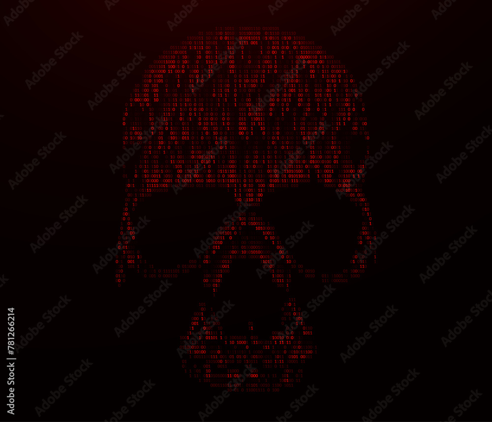 Leinwandbilder Skull Binary ASCII Art. Ones and Zeroes. Danger Piracy Sign of Binary Numbers. Hacking, Ddos-attack, Spam, Scam, Ransomware, Malware, Data Breach, Computer Virus Concept. Vector Illustration.