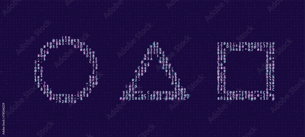 Poster Glitched Frames Geometric Design - Circle, Square, Triangle. ASCII Text Art Style Shapes Background. Glitch Design for Graphic Design - Banner, Poster, Flyer, Brochure, Card. Vector Illustration.