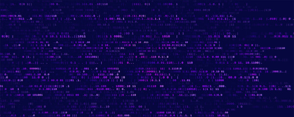 Abstract Binary Software Programming Code Background. Random Parts of Program Code. Digital Data Technology Concept. Random Binary Data Matrix Wide Vector Illustration.