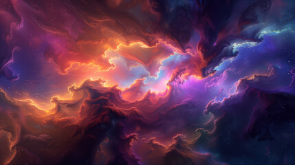 Colorful space scene with purple clouds in the center. The sky is full of stars and bright colors.