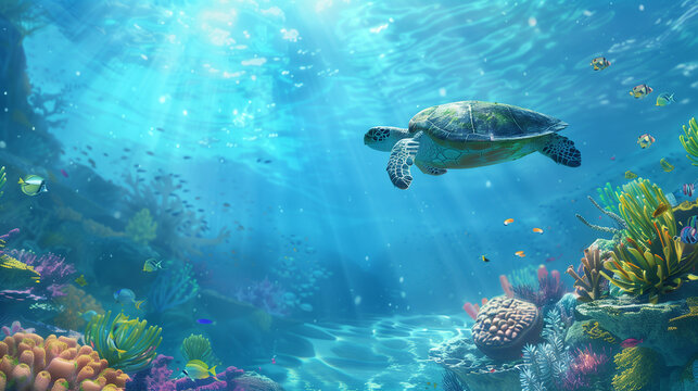 Turtles swim past colorful coral reefs with many fish swimming around. The scene is lively and lively. The turtle is the main focus of the image.