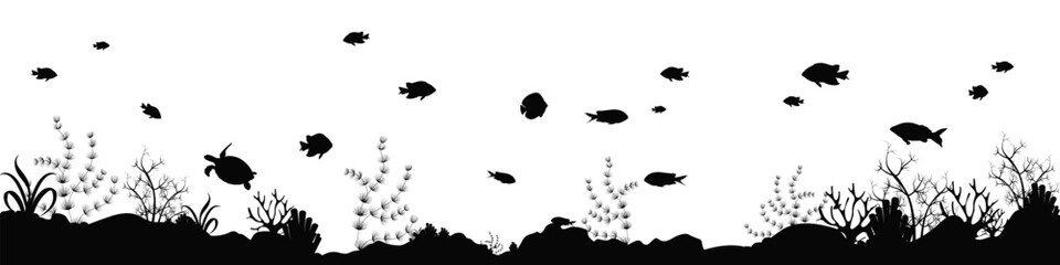 Underwater cartoon flat silhouette background with fish , seaweed, coral.