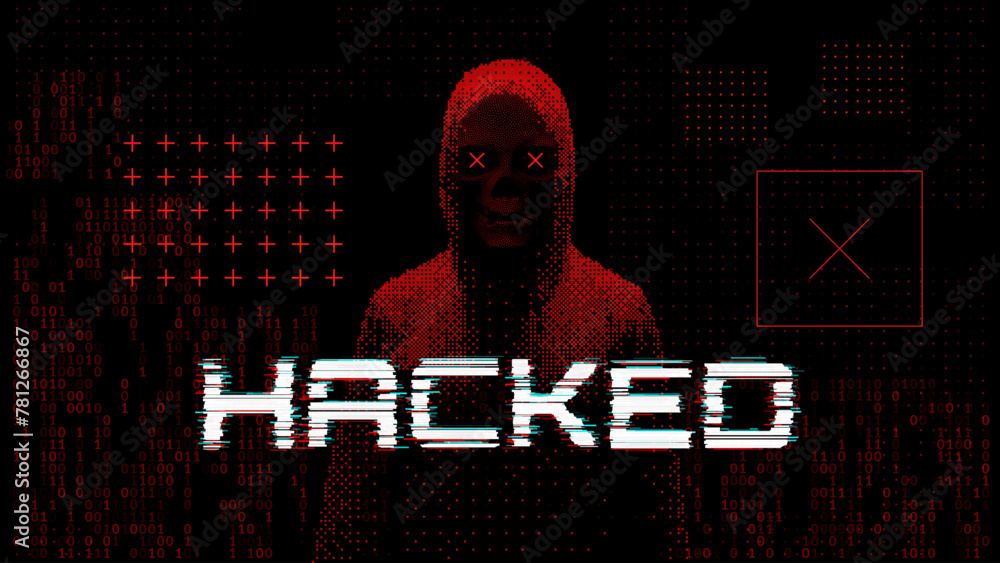 Fototapete Hacker Silhouette On Dark Red Glitched Background. System Hacking Attack. Online Security and Safety Concept. Glitch 3D Skull Mesh Malware Attention Sign. Computer Hacked Error Concept. Vector.