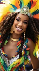 An African American woman in vibrant costume smiles for the camera