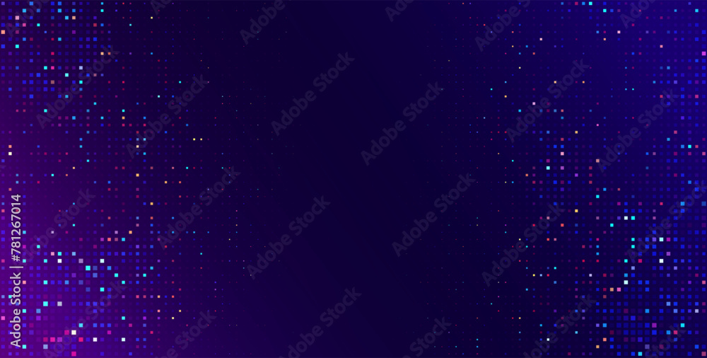 Fototapete Abstract Digital Technology Futuristic Background. Square Pixels Pattern with Lighting Glowing Particles Square Elements. Technology or Science Research Presentation Backdrop. Vector