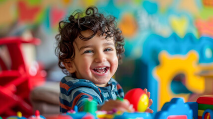 A smiling child playing with colorful toys, embodying the joy and innocence of childhood and the developmental benefits of play. Banner. Copy space