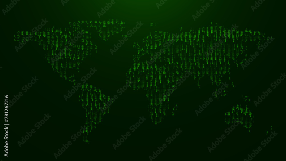 Fototapete Digital World Map Made of Binary Numbers Falling. Abstract Technology Background in Matrix Style. Vector Illustration. Hi Tech Background. Darknet Dark Web Hackers Concept.