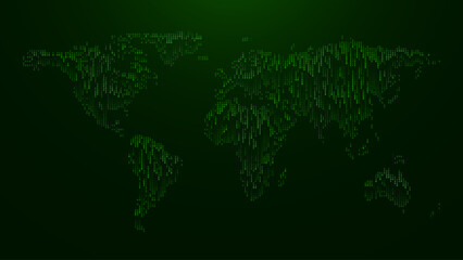 Digital World Map Made of Binary Numbers Falling. Abstract Technology Background in Matrix Style. Vector Illustration. Hi Tech Background. Darknet Dark Web Hackers Concept.