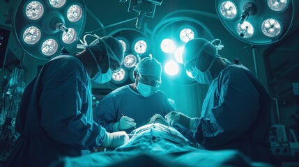 Surgical team performing surgery in modern operation theater,Team of doctors concentrating on a patient during a surgery,Team of doctors working together during a surgery in operating room