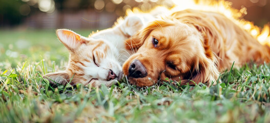 Peaceful cat and dog resting together on green grass at sunset