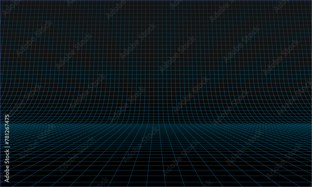 Aufkleber blue glowing grid of curved 3d stage. perspective grid. wide black blueprint background texture.