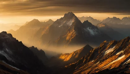 Küchenrückwand glas motiv Morgen mit Nebel black and gold painting of mountain range at sunrise