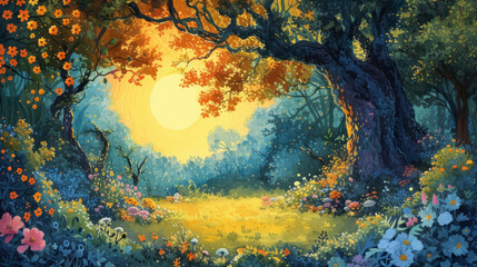 Enchanted fairytale forest in gouache with vivid, whimsical colors - obrazy, fototapety, plakaty