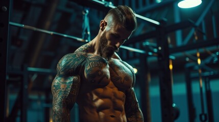 Fototapeta na wymiar Muscular bearded body tattoed man training in gym. Exercise for the muscles