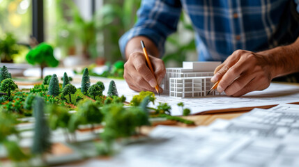 Architect designing energy-efficient building model with greenery