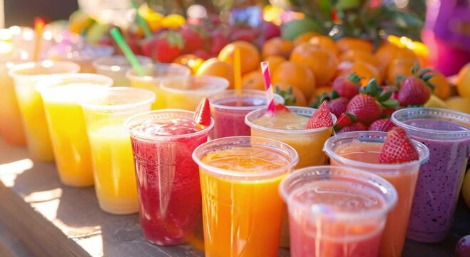 Colorful Fresh Fruit Smoothies in Plastic Cups with Straws, Displayed at Market Stall