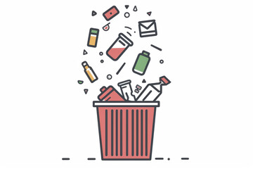 Overproduction concept - product icons falling in trash bin