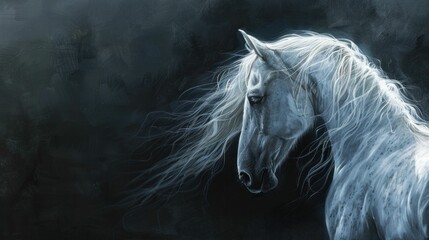 Majestic White Horse with Long Mane Standing Proudly in the Darkness