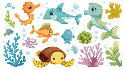 Colorful cartoon underwater scene with cute marine animals and plants