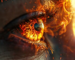 Mystical Eye with Fiery Flames and Spark Close-Up